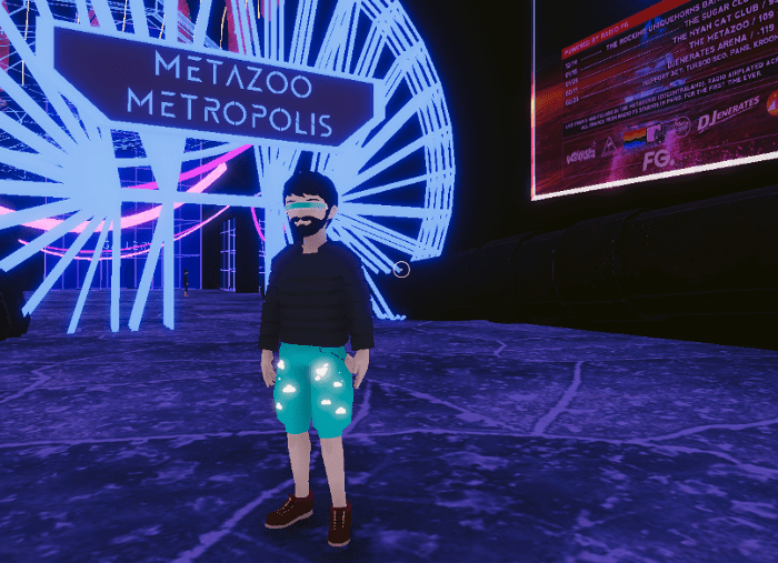 Meu avatar com seu short novo visitando o Metazoo do Decentraland